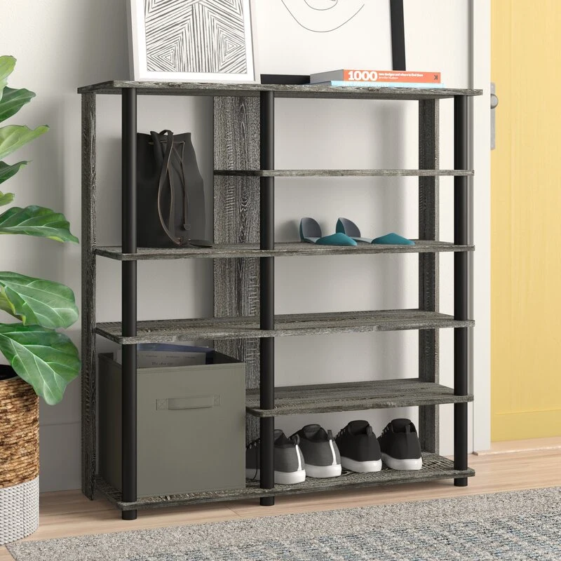 Home Furniture Washed Grey Wood Storage Shoe Rack with Open Shelfs for Living Room
